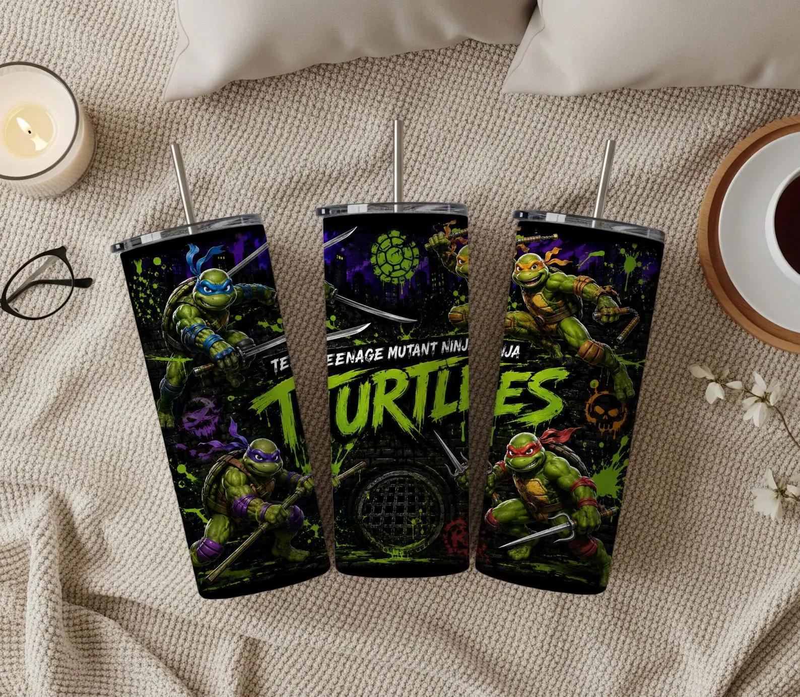 [ On Sale 45% ] Retro Mutant Ninja Turtles 20oz Skinny Tumbler with Straw Green Hero Graphic Insulated Stainless Steel Travel Mug Cartoon Fan Gift Boy
