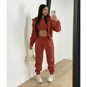 3pcs Women's Clothing Set Fleece-lined Hooded Sweater &Sleeveless Tank Top & Sports Sweatpants PantsGift