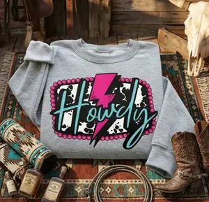 Howdy neon cow print Crewneck & T-shirt, Western cowboy Graphic Hoodie, Trending western Graphic Hoodie, western boutique clothing, Handmade, western clothing