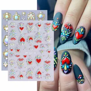 2 Pcs Boho Embossed Nail Art Stickers, 3D Star Moon Heart Baroque Valentine's Day Design, DIY Self-Adhesive Nail Decals for Women and Girls