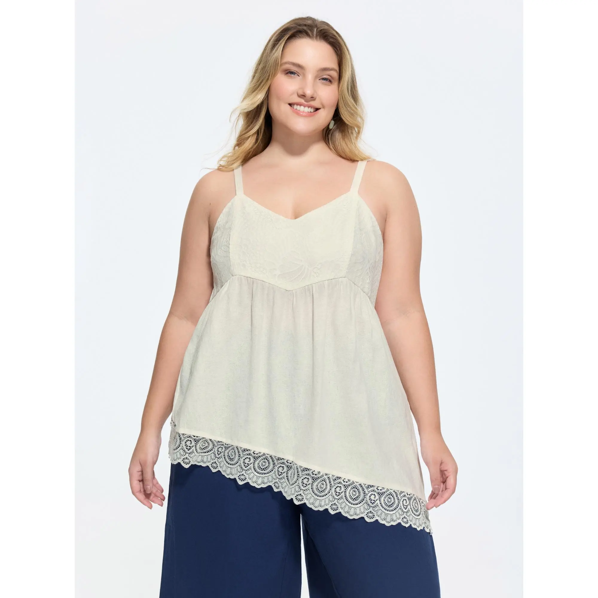 BLOOMCHIC Women's Plus Size Sleeveless Basic Sheer Lace Asymmetrical Trim Tank Top [M-6X] - Smooth Nylon-Spandex Fabric Garment, Perfect Fit, Summer Wear, Lace Stretch Women's Tanks & Camis Variants, Lacy, Ornate Lace Trim Women's Tanks & Camis
