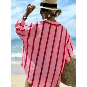 Spring and summer women's striped linen blended beach shirt, casual button up cover, swimsuit cover, perfect for summer vacation and street styleRAIMENTRY