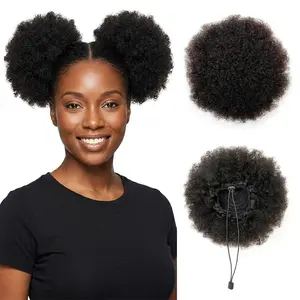Afro Puff Drawstring Ponytail Human Hair, 4Inch Black 4C Afro Texture, Double Secure Hold for All Day Wear, 1 Min Install for Black Women Also Perfect for Kids Girls, Authentic Stylish Single Piece