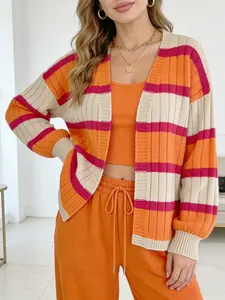 Women's Knit Cardigan Sweater, Womenswear, Colorblock Striped Design, Fitted Long Sleeve Casual Style, Perfect for Fall & Winter, Knitwear
