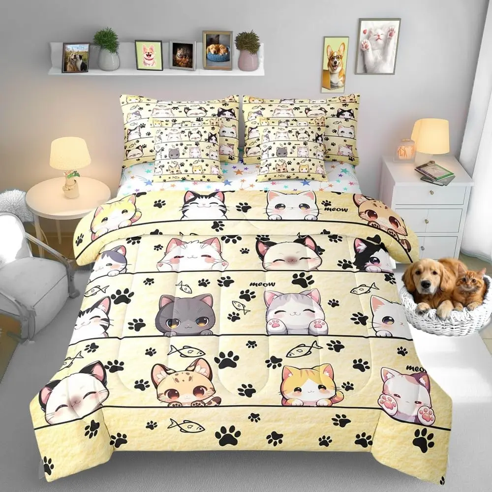7 Pieces Lovely Cat Comforter Set Cute Pet Kitten Bedding Set,Cartoon Style Animals Comforter Adult Super Soft Fade Resistant Microfiber Bedding