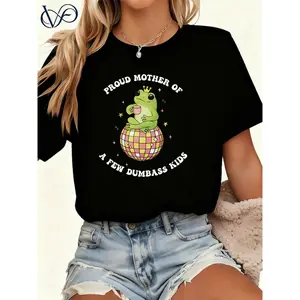 Women's Round Neck Short-Sleeve Graphic T-Shirt - Charcoal Grey, Cute Funny Frog on Disco Ball Print, Sarcastic "Proud Mother of a Few Dumbass Kids" Quote, Comfortable Breathable Fit, Casual Streetwear Mom Top, Tee for Women's Clothes