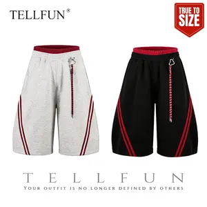 TELLFUN Y2K Stripe Longline Shorts High Waist Contrast Stripe Detail Baggy Fit Drawstring Closure Stretch Knit Fabric With Pockets Casual Streetwear Unisex Shorts cropped pants, Activewear, Sportswear