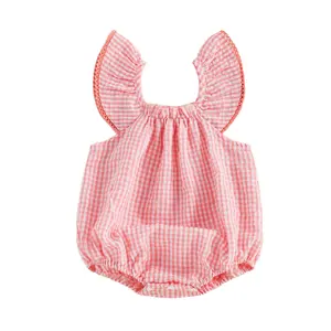 Newborn Baby Girl Plaid Bubble Romper Flying Sleeve Gingham Jumpsuit Cute Summer Clothes 0-18 Months