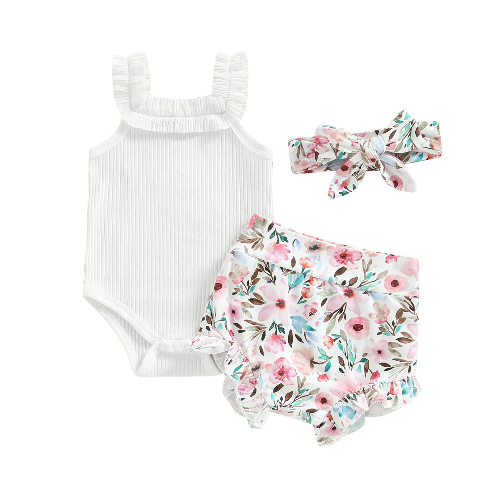 Newborn Baby Girl Clothes Floral Sleeveless Romper Bodysuit + Ruffle Bloomers Shorts Infant Summer Outfits with Hairband Set