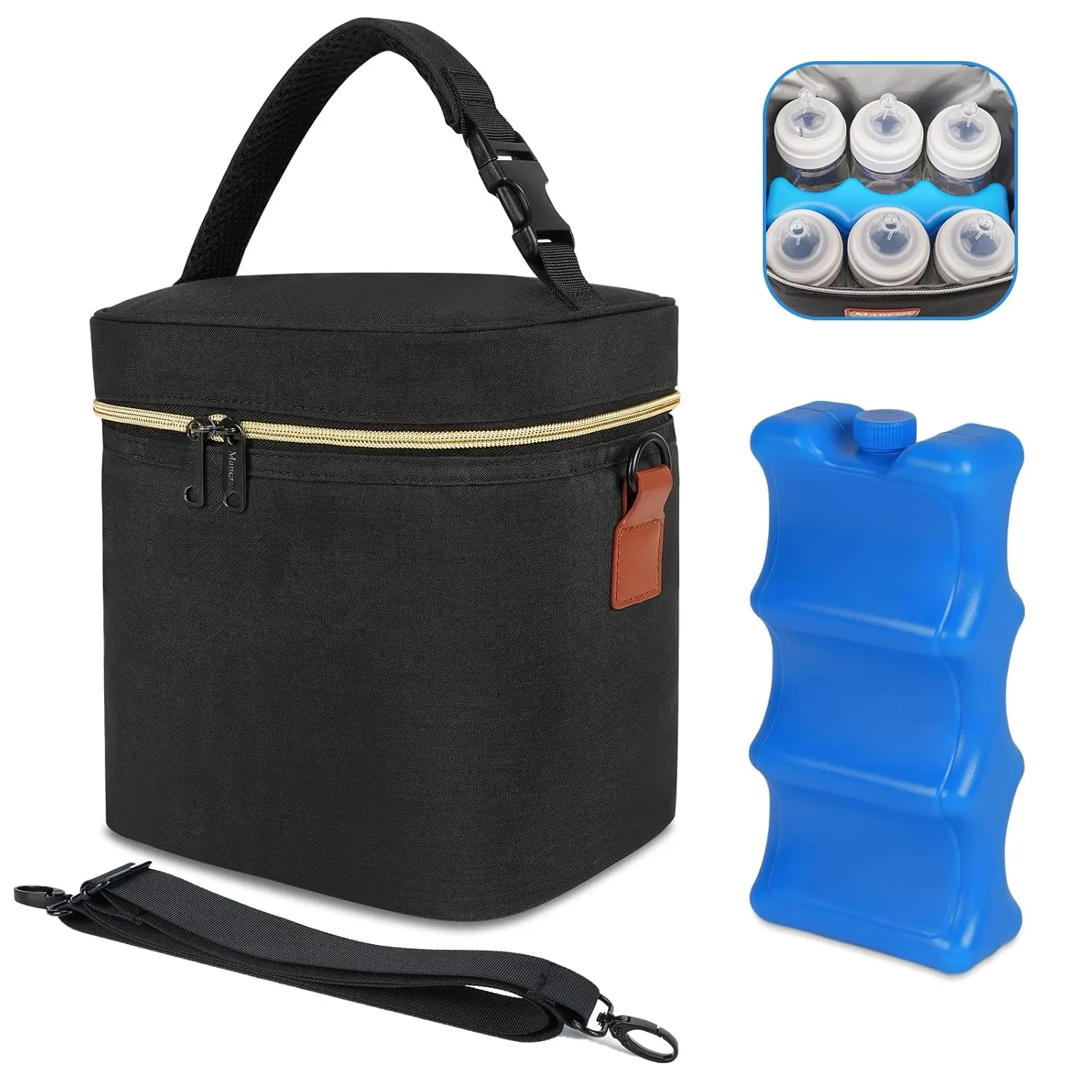 Breastmilk Cooler Bag with Ice Pack, Fits 6  Bottles Up to 9 Ounce Insulated Bottle Bag, Breast Milk on The go Strap, for  Mom , Black