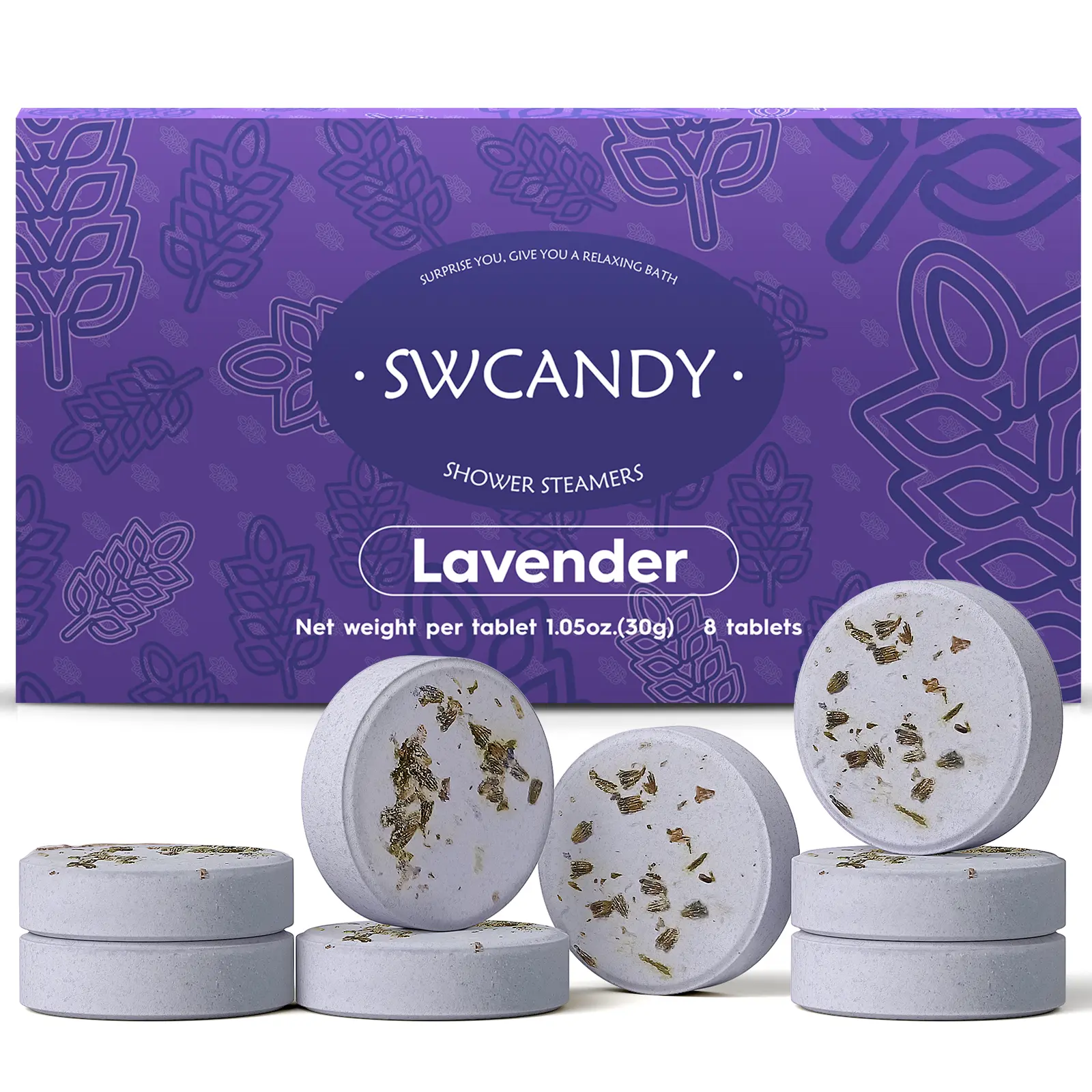 SWCANDY Shower Steamers Aromatherapy 8 Pack of Lavender Fragrance, Relaxing Body Care Gift Set for Stress Relief with Natural Essential Oils, Long-Lasting Scented Shower Bombs
