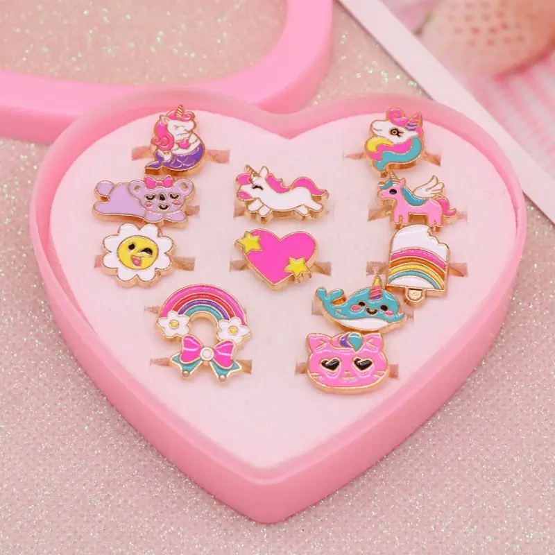 12pcs Heart-Shaped Zinc Alloy Rings Stacking Ring Set Jewelry for Girls, Cute Sweet Rings for Party Decorations, Birthday Gifts, Christmas New Year Presents