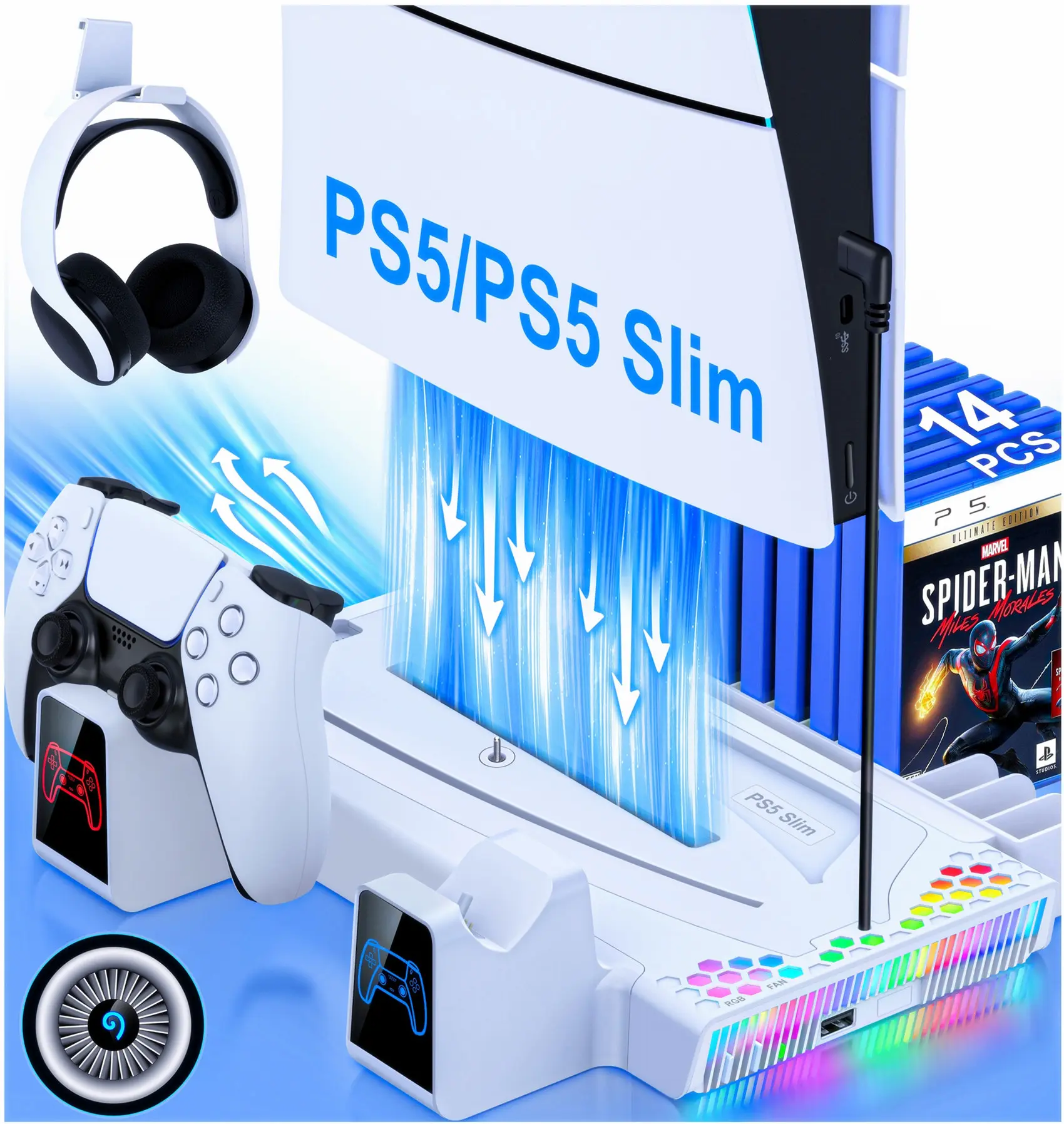 PS5 Slim Stand Cooling Station with PS5 Controller Charger for Playstation 5/Slim Console, PS5 Accessories Vertical Stand Incl.3 Levels Cooling Fan,Light,Headset Holder,14 Game Slot