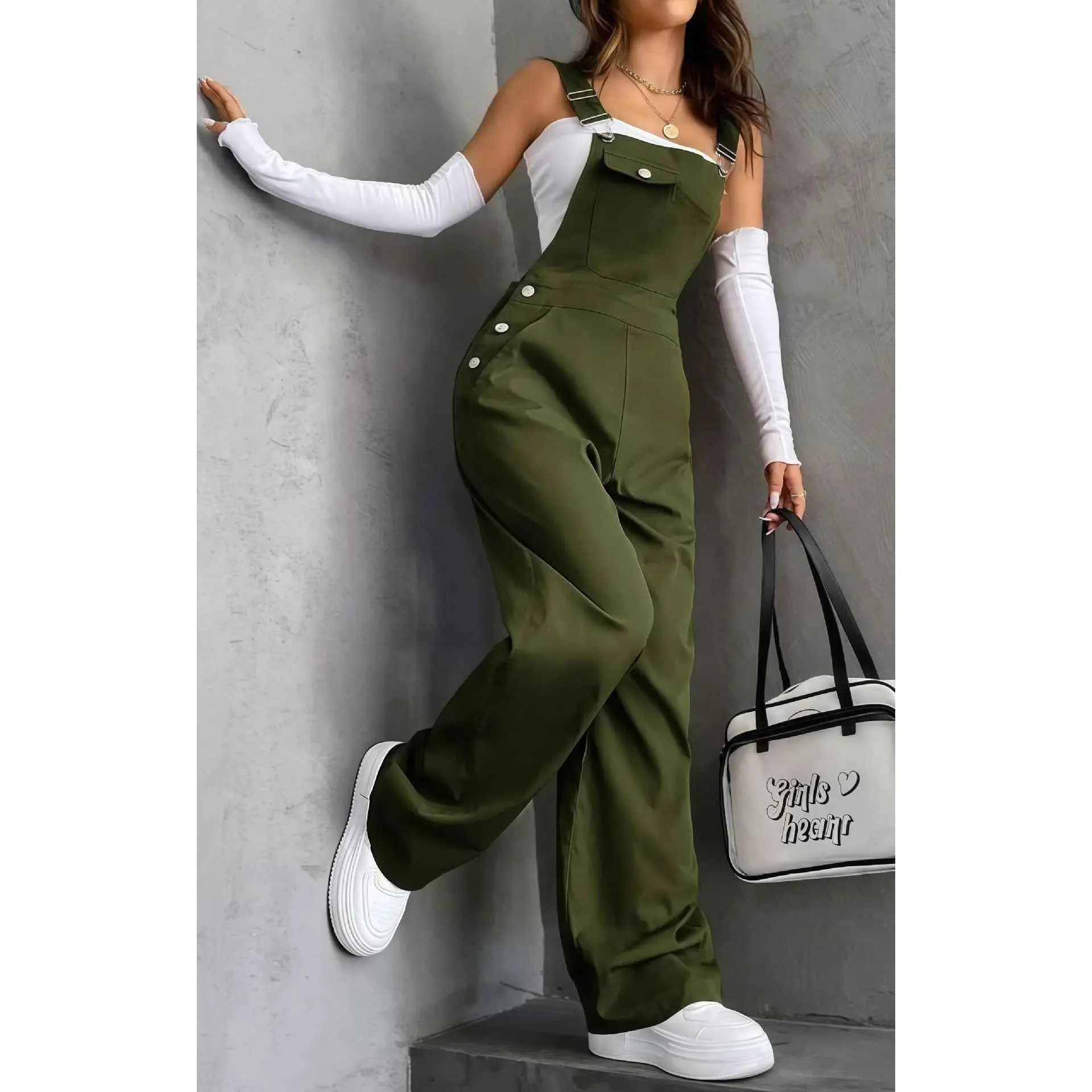 Women's Sleeveless Jumpsuit, Retro Workwear Style with High-Waist and Full Length Straight Leg, Polyester with Pockets, Up to 2XL, Everyday