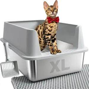Stainless Steel Litter Box, Extra Large Litter Boxes for Big Cats, XL Metal Cat Litter Box with High Sides Lid, Anti-Urine Leakage, Never Absorbs Odors, Ea