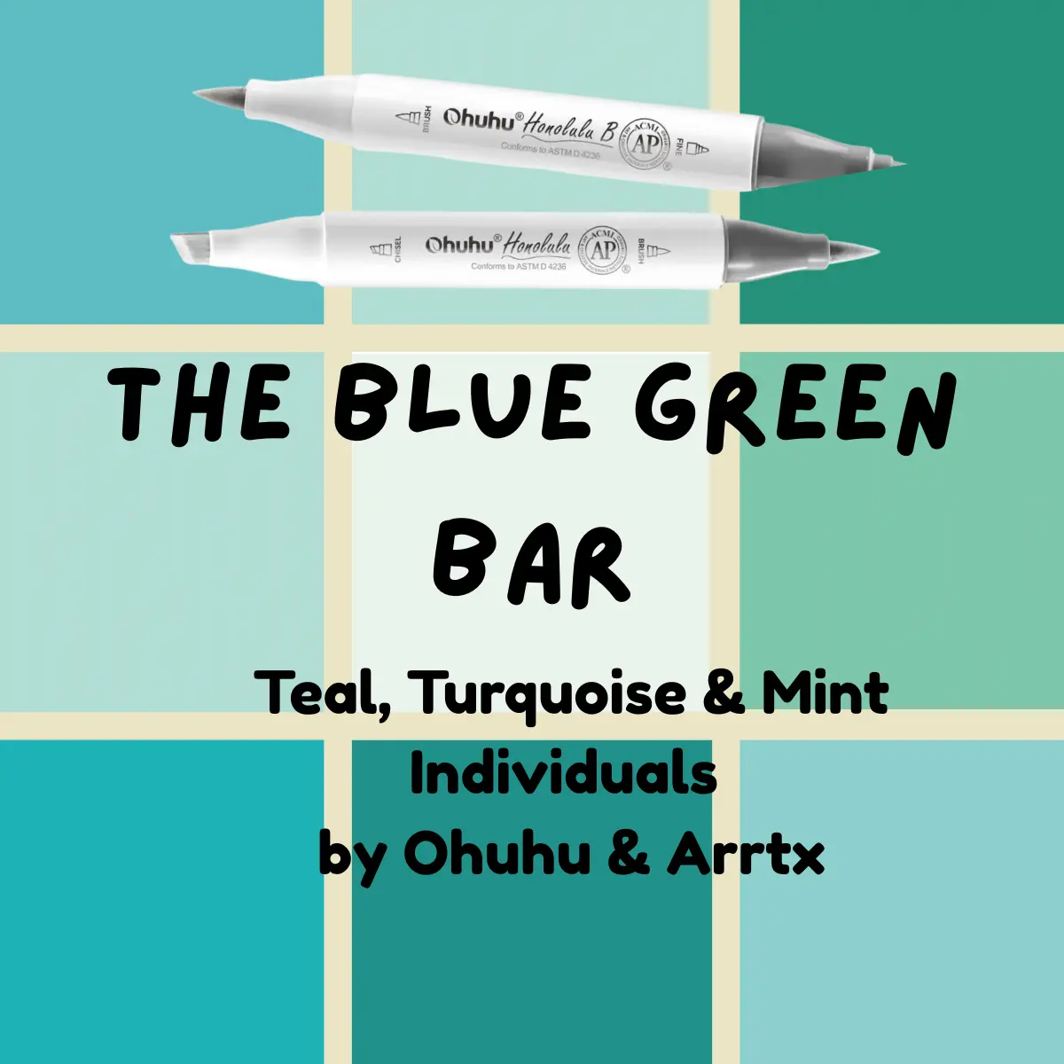 Ohuhu Honolulu B Brush/Fine Tip Marker Blue Green Single Color Alcohol Marker for Artists with Dual Tips Brush and Fine Tip