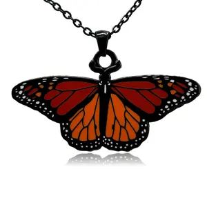 Monarch Butterfly Double Sided Enamel Pendant Necklace