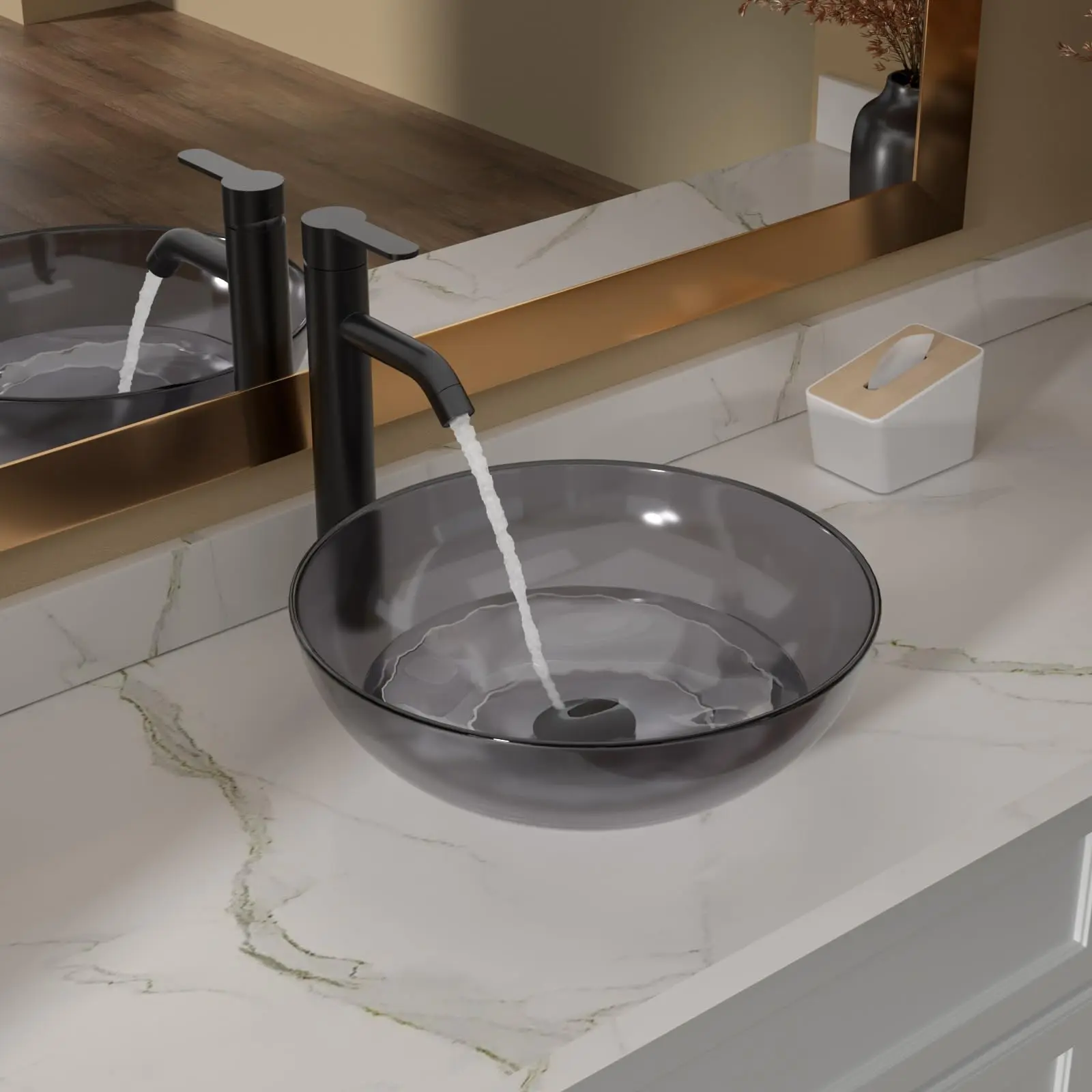 Lordear Bathroom Vessel Sink Round Grey Artistic Vessel Sink Tempered Glass Vanity Round Bowl With Pop-up Drain 16 x 16 Inch Sink Countertop Basin