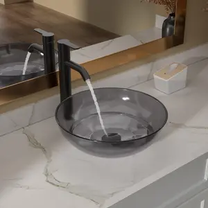 Lordear Bathroom Vessel Sink Round Grey Artistic Vessel Sink Tempered Glass Vanity Round Bowl With Pop-up Drain 16 x 16 Inch Sink Countertop Basin