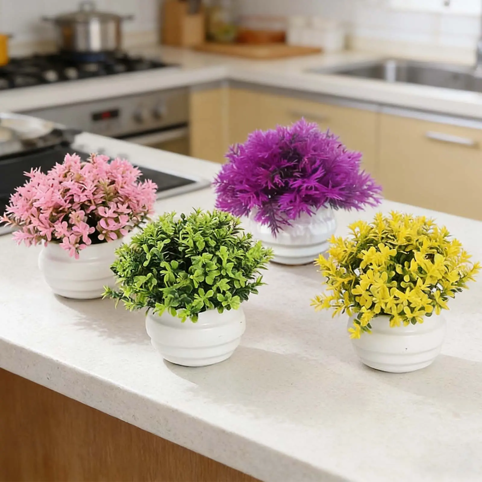 4 PCS Mini Artificial Potted Plants, Small Fake Faux Greenery Plants For Bathroom Office Desk, Decorative For Home Kitchen Shelf Coffee Table Farmhouse Indoor Decor