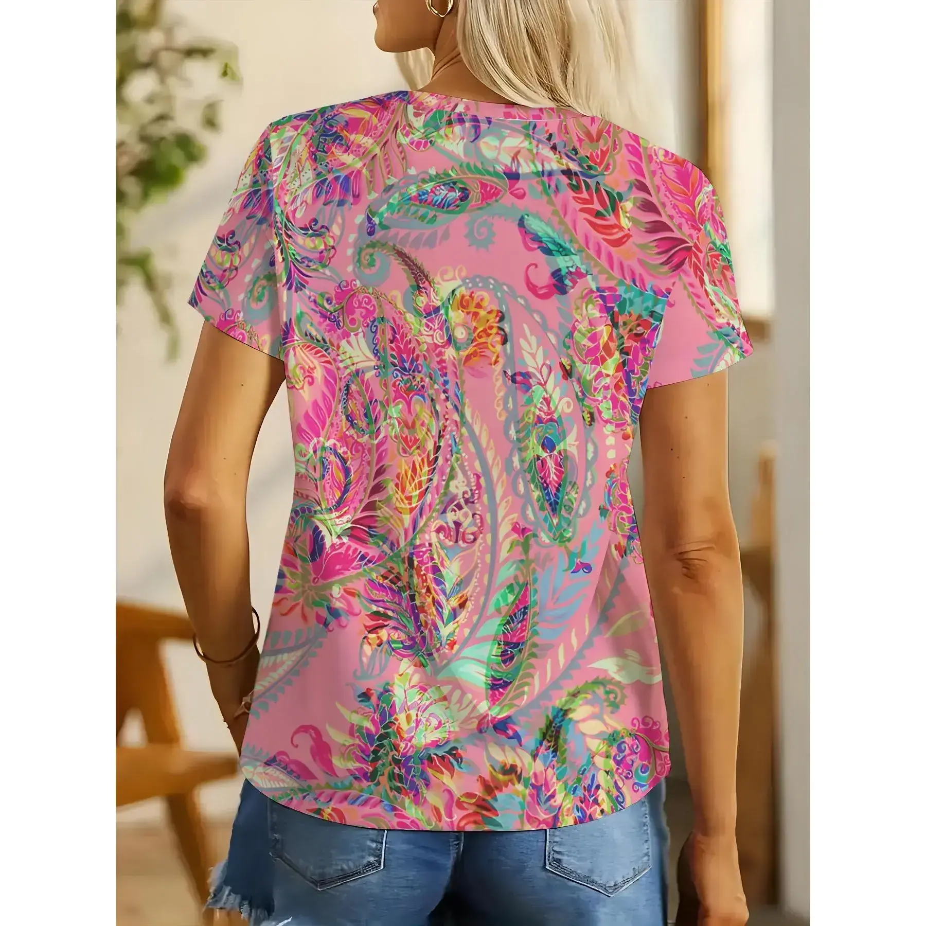 Women's Paisley printed round neck slim fit T-shirt, retro casual short sleeved T-shirt, suitable for daily wear, all season women's clothing, topRAIMENTRY Women's Paisley printed round neck slim fit T-shirt, retro casual short sleeved T-shirt, suitable for daily wear, all season women's clothing, topRAIMENTRY