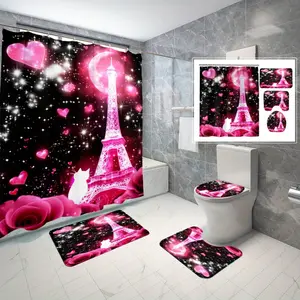 4pcs Eiffel heart Shower Curtain Decorative, Complete with Non-slip Mat, Toilet Lid Cover & U-Shape Rug-Elegant Bathroom Decor for Home and Hotel Use