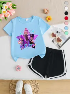Summer Girls Casual Sporty Short Sleeve Shorts Set, K-Pop Girl Group Cartoon Print, Loose Fit Comfortable, Home Wear, Kindergarten, Weekend Outing, Kid, Clothes Kids, Clothing Set