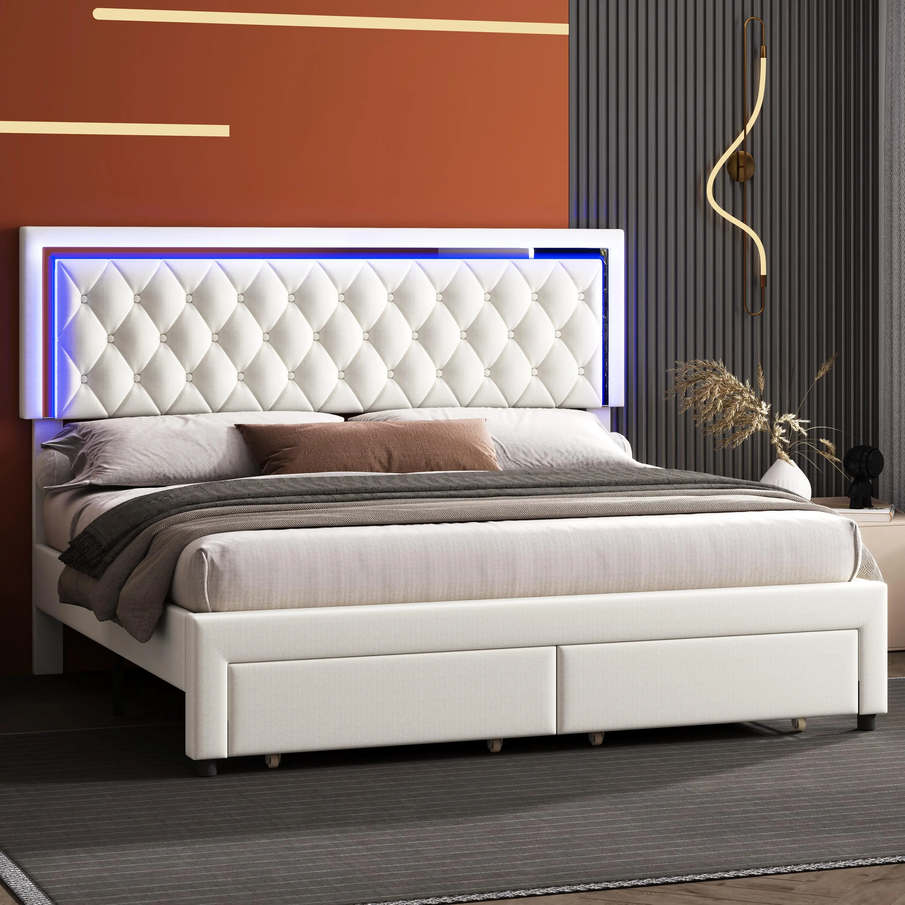 [TiktokShopStockUp] AMERLIFE Modern Bed Frame with Two Storage Drawers and Smart LED Lights, Velvet Upholstered Platform Bed Adjustable Headboard, Acrylic Mirror Decoration/Full/Queen/King Size/Best Gift Ideas/Christmas Gifts