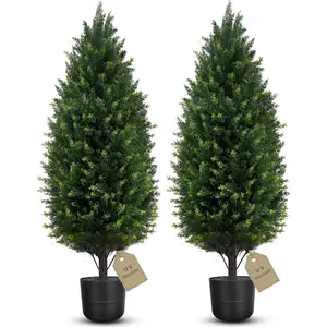3FT Artificial Cedar Topiary Trees Outdoor Set of 2 Artificial Bushes Plants with Pot, UV Rated Potted Faux Cypress Tree Fake Pine Tree for Outdoor Planters Front Door Offices Garden Spring