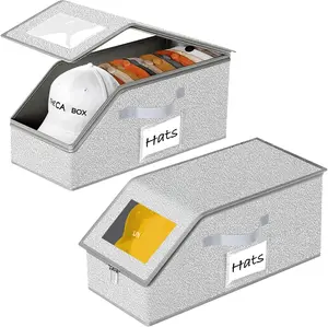 Closet Organization 2 Pack, Stackable Cap Storage Bin with Clear Lid, Foldable Hat Box for 28 Caps, Grey, Space-Saving for Wardrobe, Dorm, Bedroom, Keep Your Caps Neat and Protected