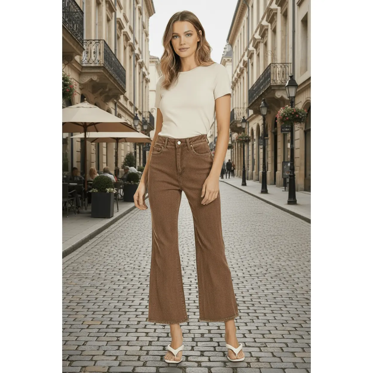 Women's High Waisted Acid Wash Bootcut Jeans - Cropped Frayed Hem, Stretch Cotton Spandex Elastane Denim Bottoms, Stylish Women's Pants, Style, Bootcut Fit, Casual, Faded Wash Pants, Below The Knee
