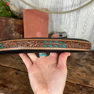 Turquoise Feather Tooled Leather Western Steering Wheel Cover