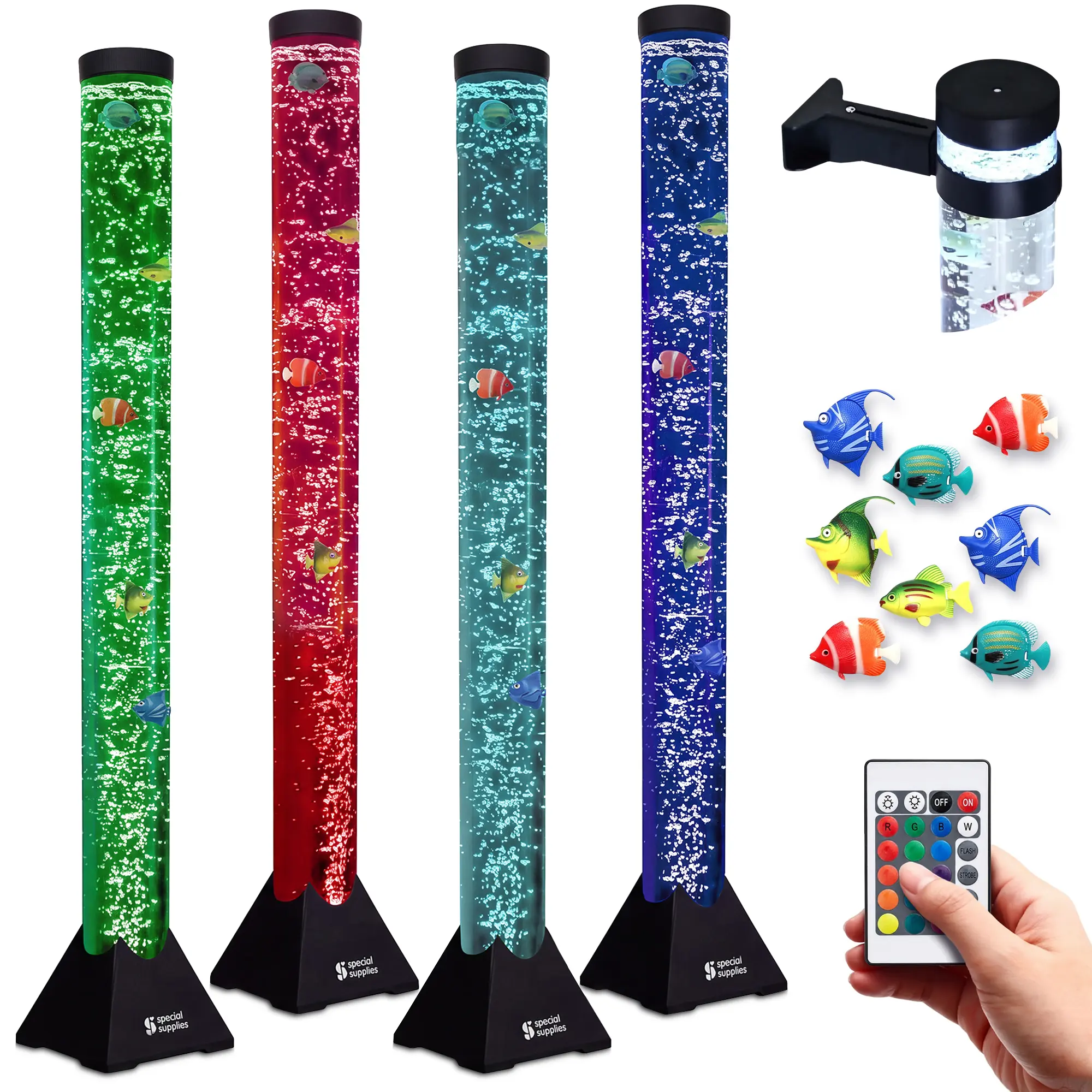 Aquarium Sensory Fish Bubble Light Tube with 16 LED Color Changing Calming Nightlight Effect, Remote Control, and 5 Fishes, Colorful Floor Standing Lamp for Kids and Adults (4 feet) for Home