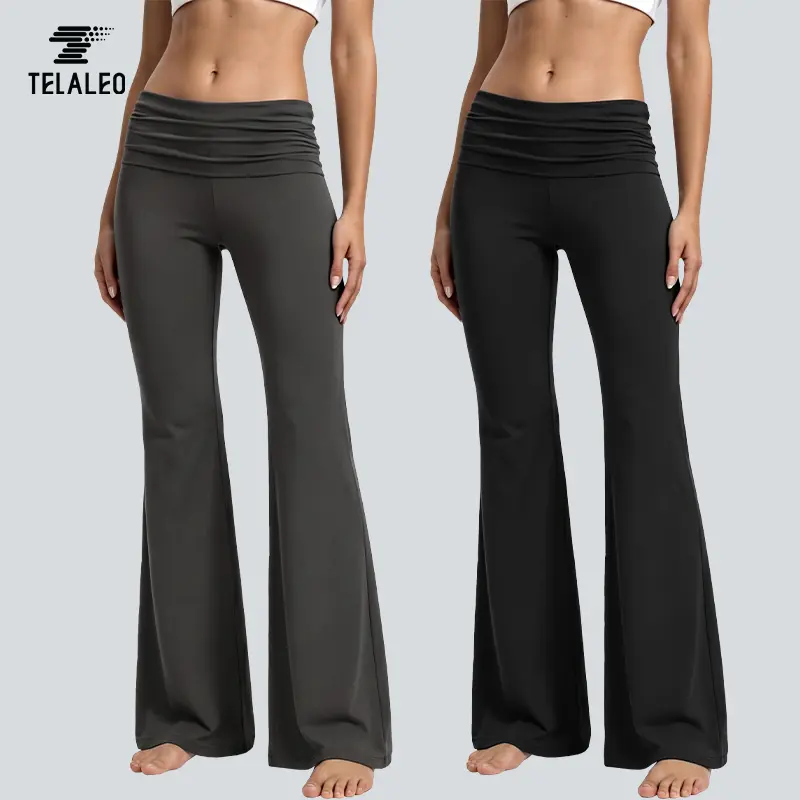 TELALEO Women's 2Pcs High Waist Fold Over Bell Bottom Pants - Fitted, Basic, Flared Legs, Stretchy Wide Leg Trousers for Casual Lounge, Gym Wear, All Seasons