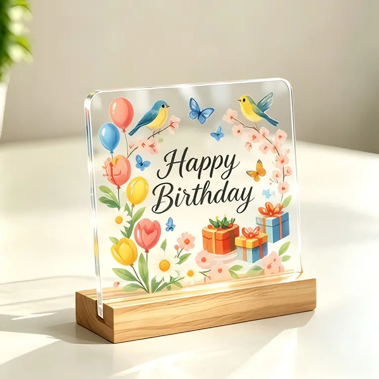 Happy Birthday Acrylic Plaque with Wooden Stand, Floral Bird Pattern Desk Decor, Birthday Keepsake Gift for Friends, Family, Birthday Party Table Ornament