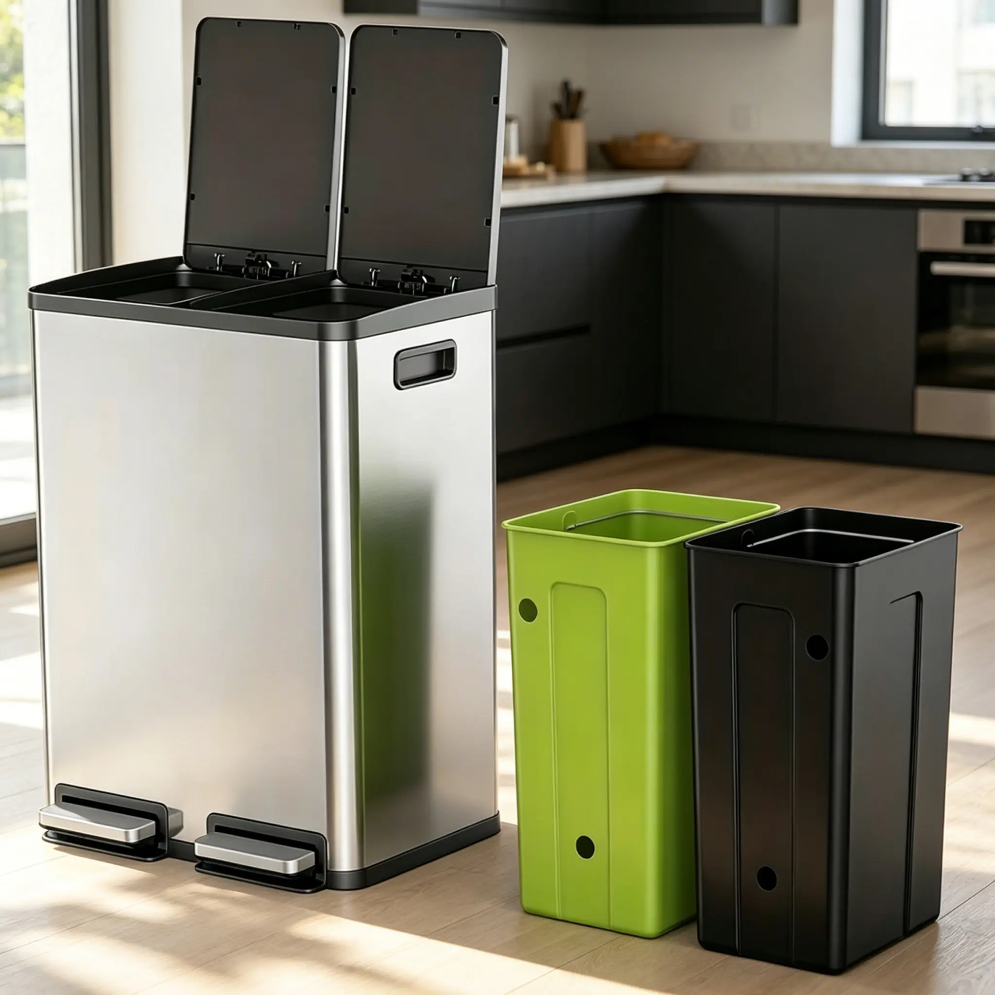 60L Stainless Steel Trash Can with Lid - Dual Compartment, Soft-Close Sealed Design, Pedal Operation for Kitchen/Office (2x8 Gallon Inner Buckets)