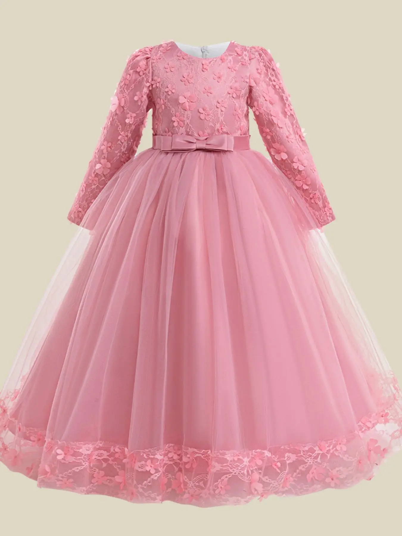 Girl's Butterfly Appliques Bow Decor Zipper Back Fit & Flare Dress, Elegant Long Sleeve Round Neck Tulle Dress for Party, Kids Clothes for All Seasons