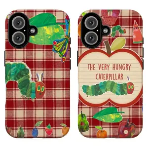 Red Gingham Hungry Caterpillar Phone Case|Vintage Plaid Fruit Butterfly Print Phone Cover For iPhone 17 Pro Max 16 15 14 13 12 11 | Summertime Picnic Vibe | Nostalgic Art Era | Secure Drop Tested Bumper Layer