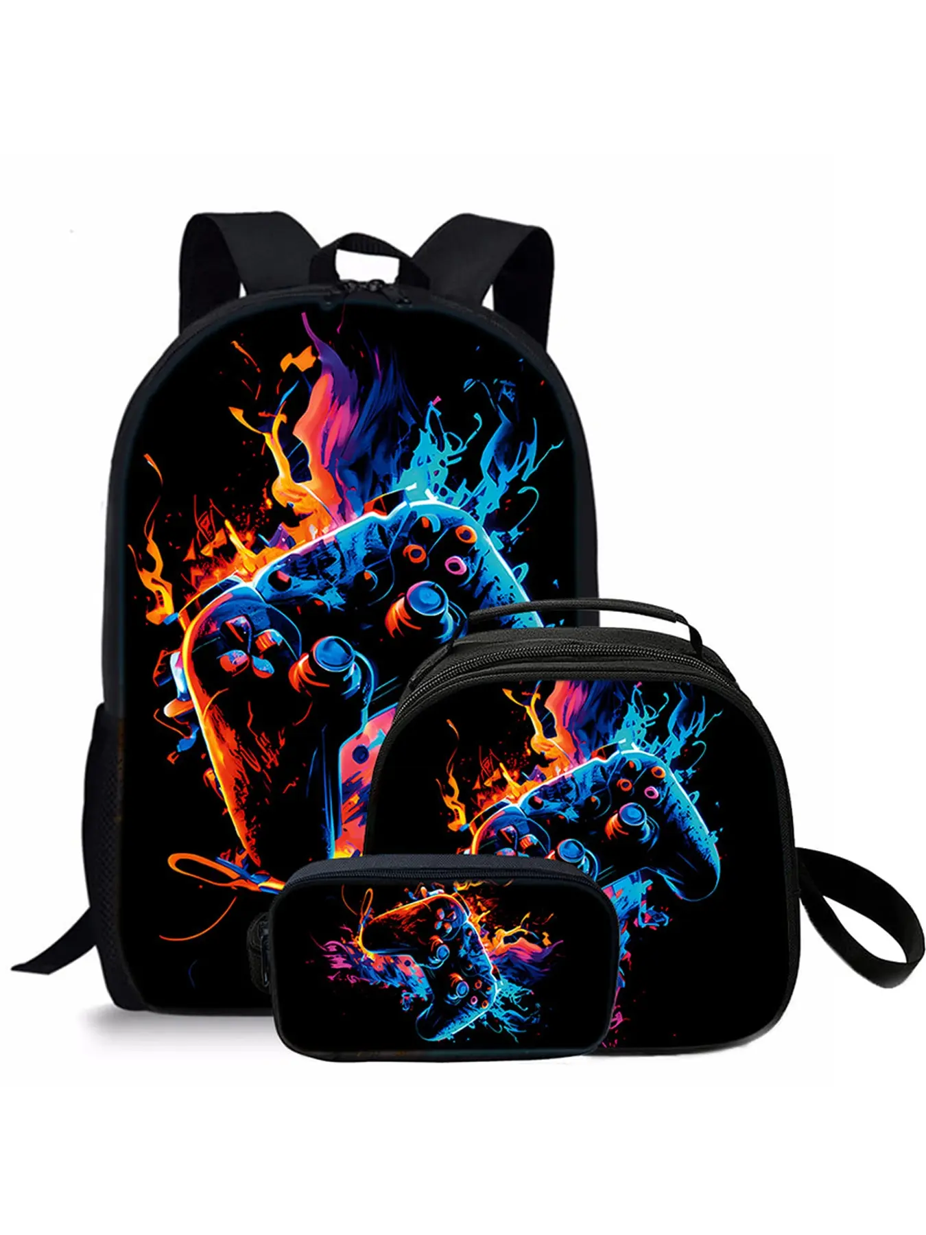 Gamepad pattern printed 17-inch trendy backpack three-piece set School Backpack Set (single-layer backpack + shoulder strap round lunch bag + single-layer pencil bag)