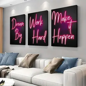 3pc Inspirational Neon Style Canvas Art, Dream Big Letter Wall Decor, Modern Home Living Room Bedroom Office Background, Frameless Art Gift