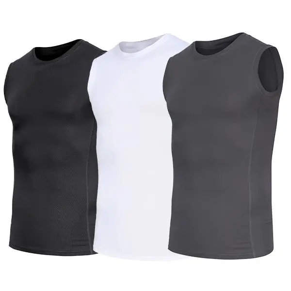 YOWODA Men's 3-Pack Compression Sleeveless Crew Neck Tank Tops - Polyester-Elastane Blend, Moisture-Wicking, Quick-Dry, Breathable, Versatile Activewear for Gym, Weight Training, Soccer, Football, Versatility