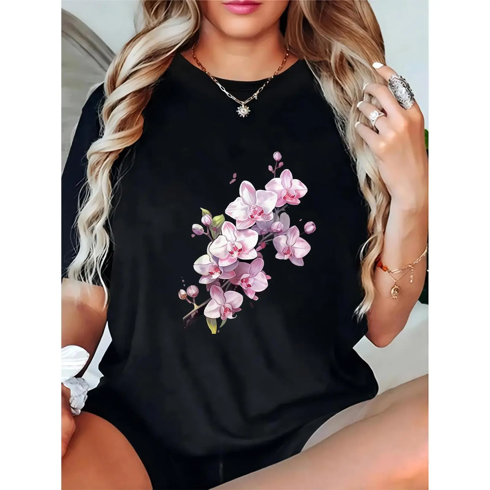 Women's 100% Cotton Casual Orchid Floral Print Crew Neck Short Sleeve T-Shirt - Lightweight, Breathable, Loose-Fitting, Comfortable Everyday Basics Wardrobe Staples for Spring Summer Casual Ootd Tops
