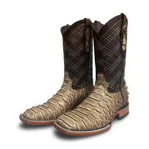 Men's Square Toe Python Print Cowboy Boots Desert Western Style Cowhide Leather Durable Vaqueta Sole Winter Wear