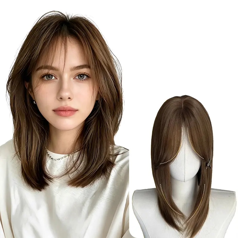 Lotfon Female Wig Hat - 20in Medium-Long Straight Ash Brown Synthetic Hair, Heat-Resistant Glueless Full Head Wig with Scalp Simulation, Easy to Wear and Remove for Daily Wear