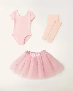 Girls Ballet Leotard Starter Kit (Short Sleeves Leotard & Sparkling Tulle Skirt & Tights)