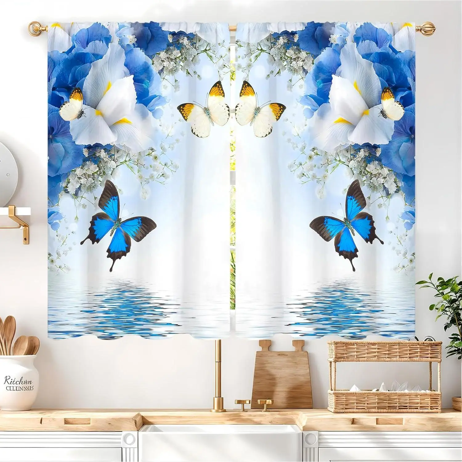 Blue Floral Butterfly Kitchen Curtains 27.5W X 39L Inch 2 Panel Rod Pocket Teal Flower Spring Small Short Cafe Tier Curtain White Daisy Wildflower Summer Lake Window Drapes Bathroom Decor, Colorful Curtains, Vintage Floral Curtains