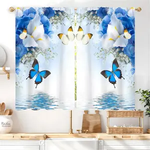 Blue Floral Butterfly Kitchen Curtains 27.5W X 39L Inch 2 Panel Rod Pocket Teal Flower Spring Small Short Cafe Tier Curtain White Daisy Wildflower Summer Lake Window Drapes Bathroom Decor