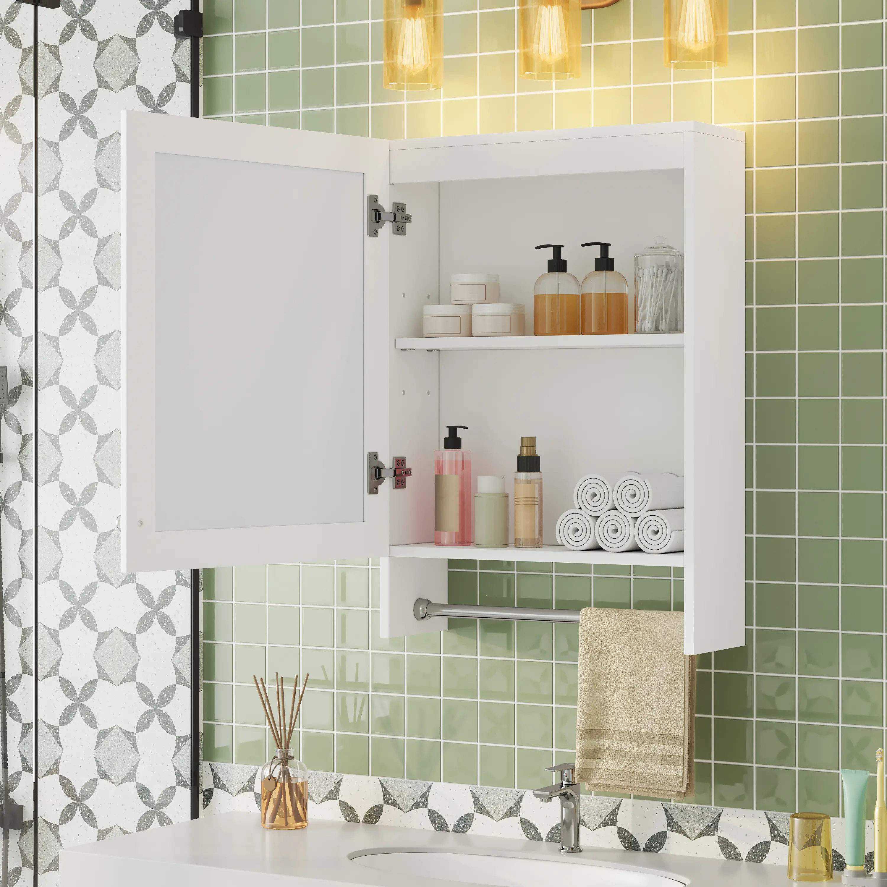 20-Inch Wall Mounted Bathroom Mirror Cabinet Medicine Cabinet with Adjustable Shelf Soft Close Door High-Definition Mirror Storage Organizer for Bathroom Vanity Toiletries, White, Living Room Table for Sofa Side, Bedroom, Office