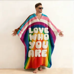 Love Who You Are Print Men's Gay Pride Flannel V-Neck Long Robe Kaftan, LGBTQ+ Affirmation Slogan Brushed Cotton Loungewear, Soft Warm Hoodless Bathrobe for Self-Expression & Comfort, Supportive Gift for Men