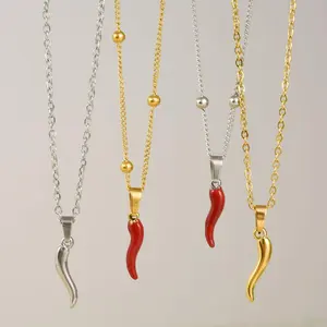 1Pc Stainless Steel Women Italian Lucky Horn Chili Pendant Necklaces Personality Red Hot Pepper Men Grunge  Collares Jewelry